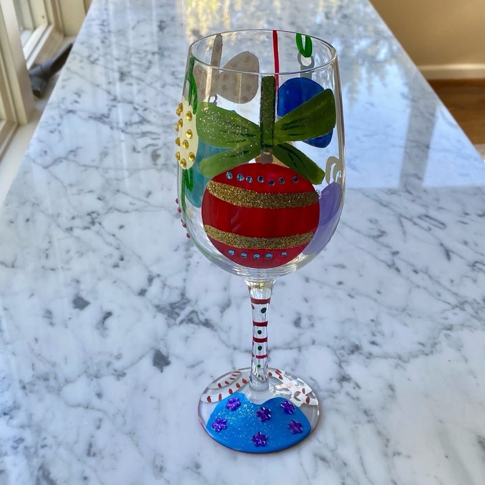 Lolita • Holiday Baubles” • Hand-Painted Holiday Wine Glass